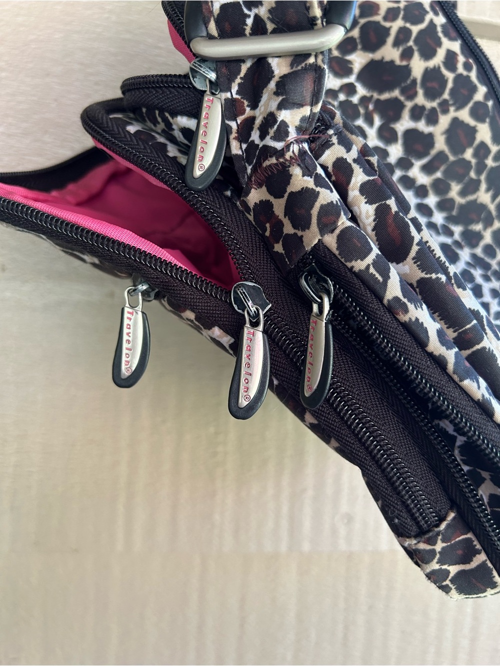 Travelon Leopard Print Crossbody Bag - Brown/Black pink lining. - Picture 8 of 8